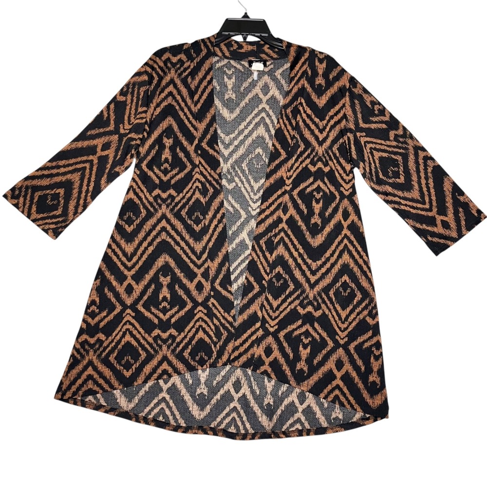 Vtg Jostar Cardigan Womens L Brown Geometric Open Front Pockets High Low Casual